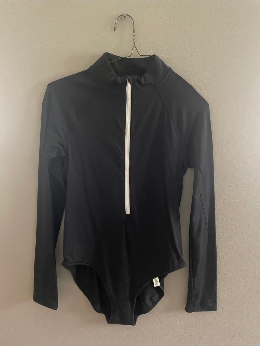 Athleta Black Long-Sleeve Zip Front Bodysuit